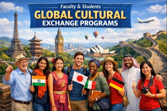 Faculty and students holding international flags in front of landmarks