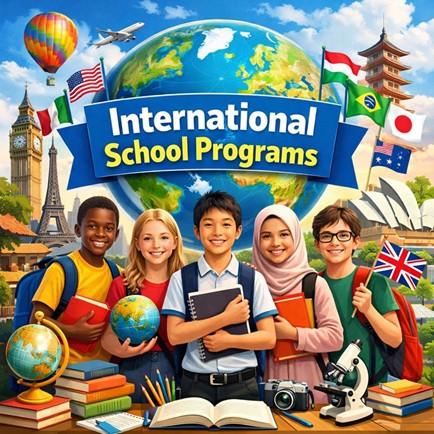 School children with a globe and international landmarks